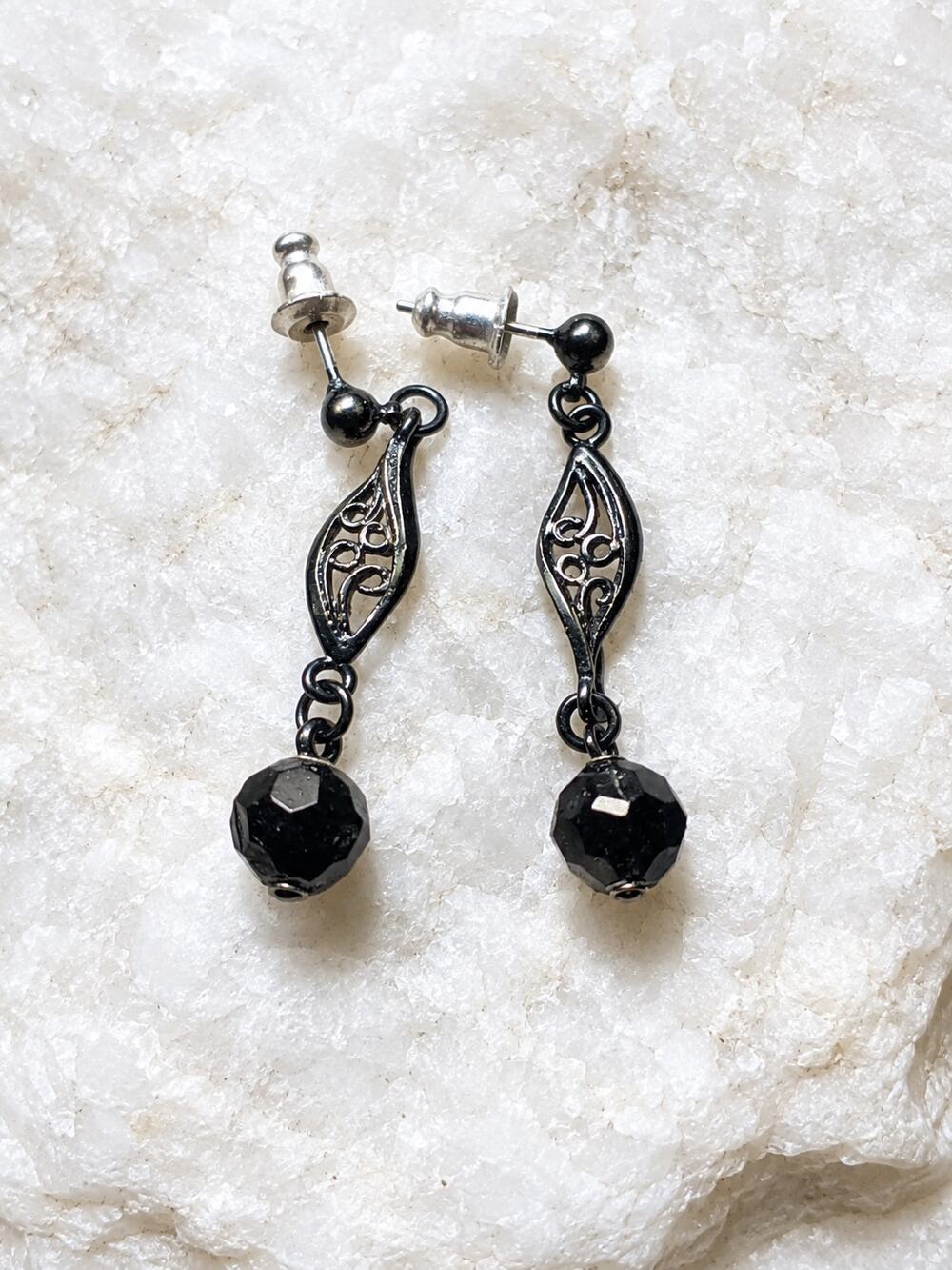 Vintage Black Filigree Dangle Earrings Faceted Bead Gothic Boho Style